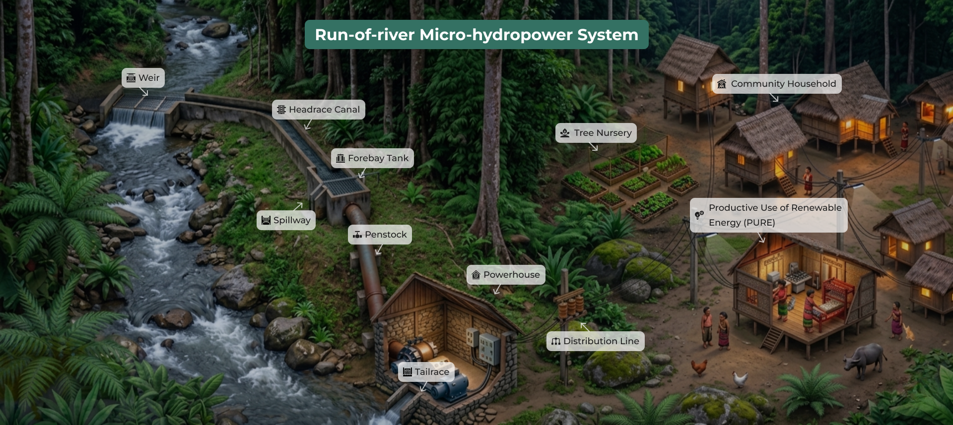 Run-of-river micro-hydropower system showing the weir, canal, tank, penstock, powerhouse, distribution line, livelihood areas, and community households